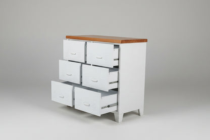 White metal 6 drawer cabinet with a RImu top with drawers open to show durable runners