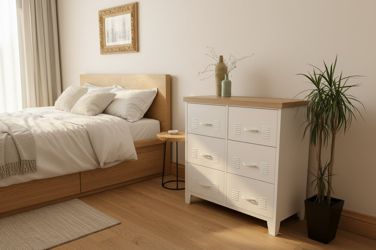 White metal 6 drawer dresser with Oak wooden top against a white bedroom wall