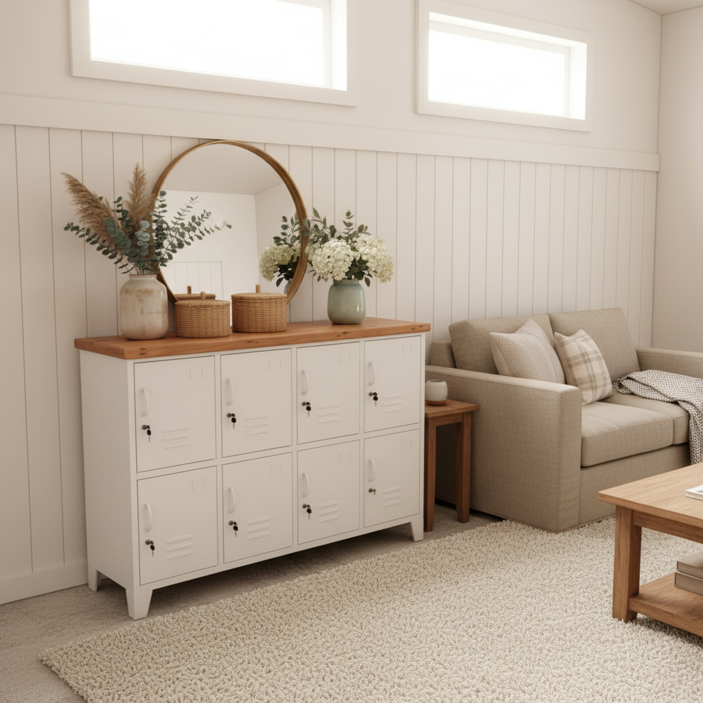 White metal 8 door locker cabinet with  recycled Rimu top. Showing the great lockable storage for the home