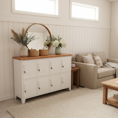 White metal 8 door locker cabinet with  recycled Rimu top. Showing the great lockable storage for the home