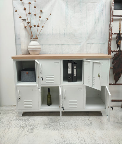 White metal 8 door locker with Oak top with doors open , showing the great lockable storage