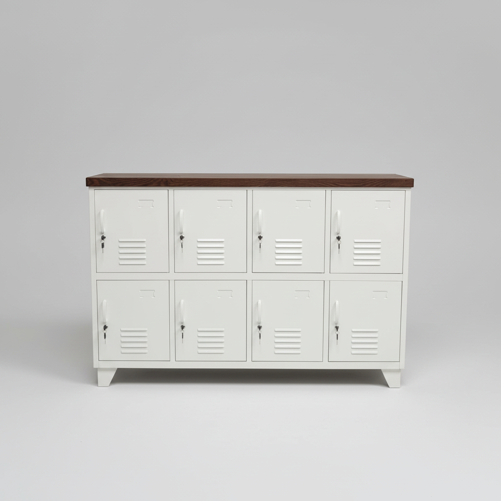 White metal 8 door locker cabinet with dark oak top. Showing the great lockable storage