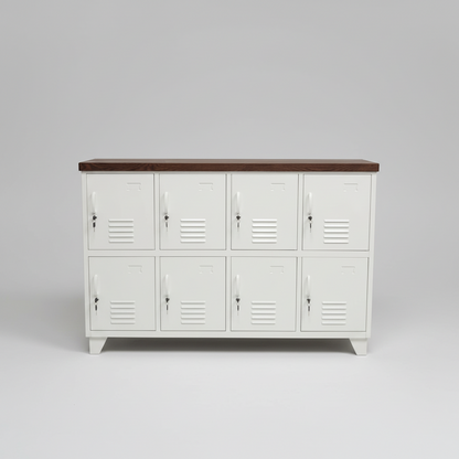 White metal 8 door locker cabinet with dark oak top. Showing the great lockable storage