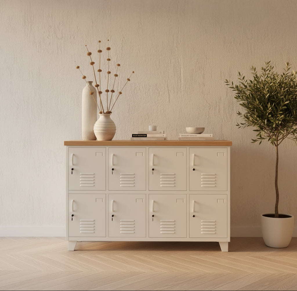 White metal 8 door locker with Oak top, stylish staff lockers