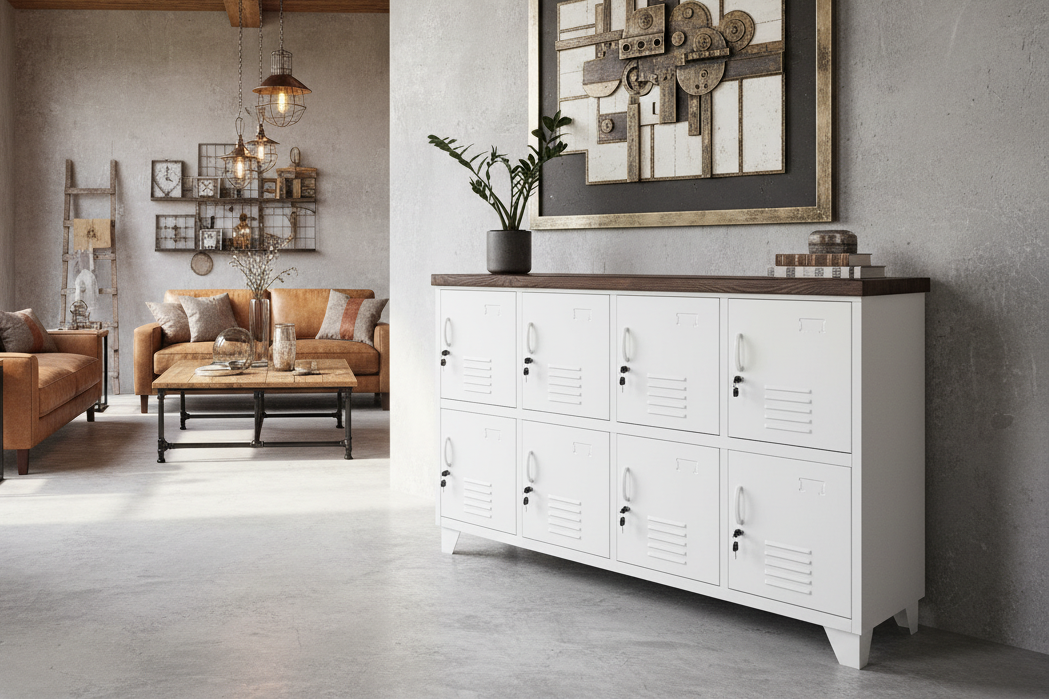 White metal 8 door sideboard locker cabinet with dark Oak top in a home