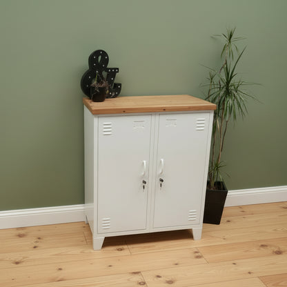 White Double Side cabinet with Rimu top against a green wall