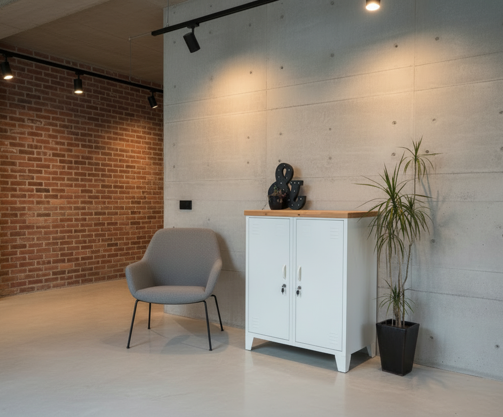 White metal Double side cabinet with Rimu top in industrial waiting room