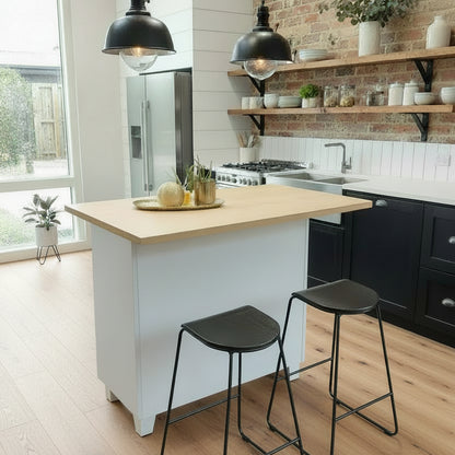 White metal Industrial kitchen island with Oak top in a kitchen with 2 stools