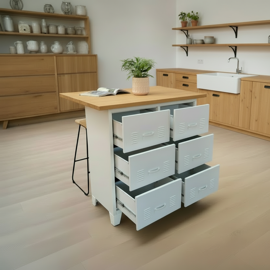 White metal Kitchen island with 6 Drawers and an oak top in a room with wooden flooring and plants.