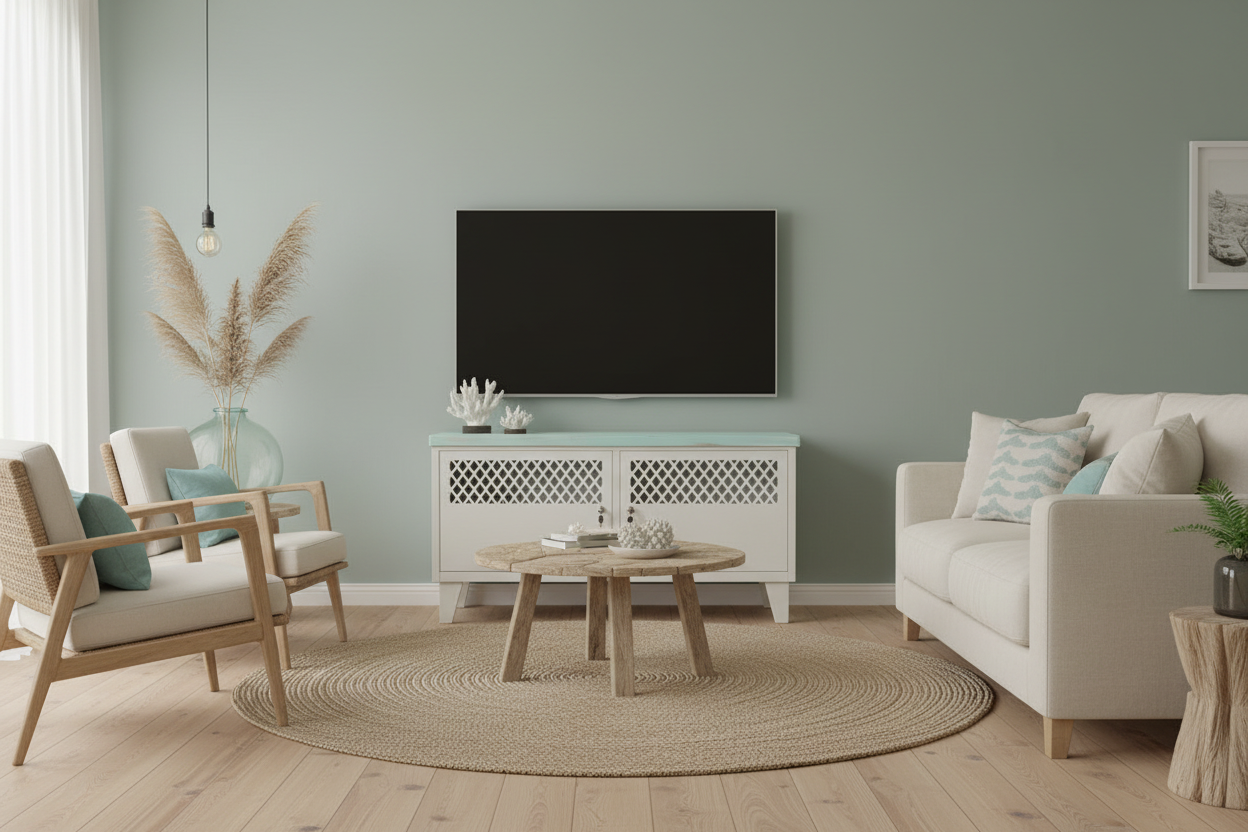 White metal TV cabinet with T&G Shabby Chic turquoise top in living room with a TV above it