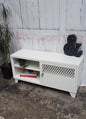White metal TV cabinet with open shelving for display