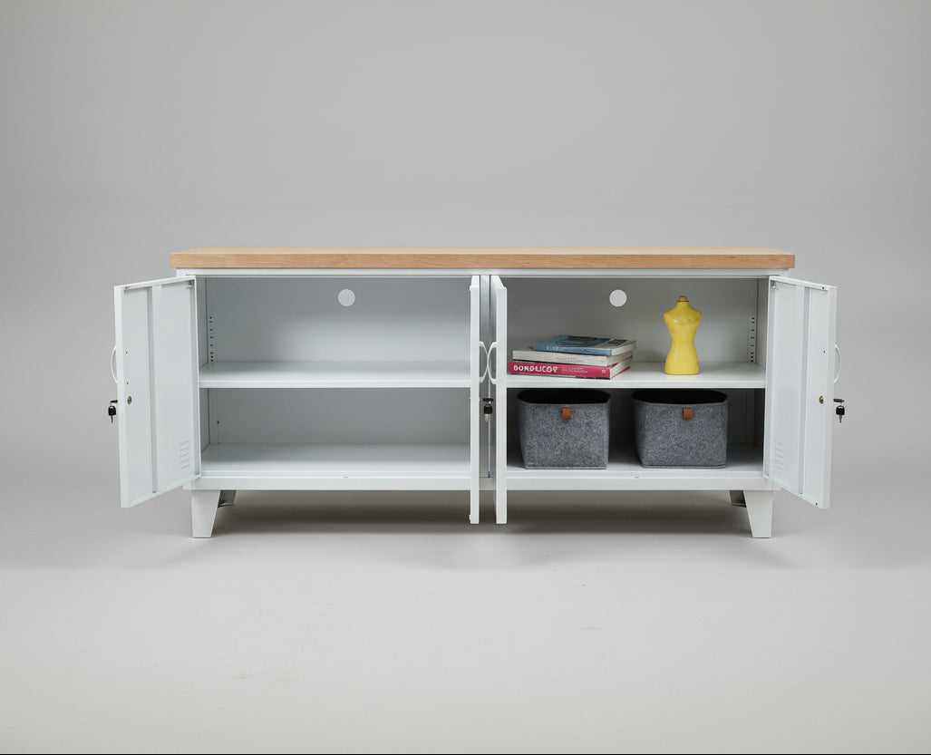 White metal TV cabinet or sideboard with Oak top