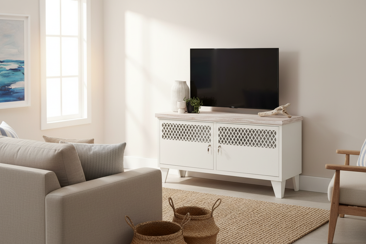 White metal TV cabinet with T&G Shabby Chic white top in living room with a small TV 