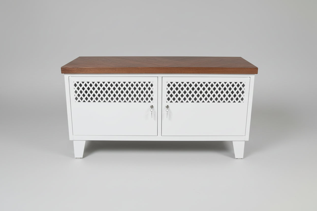White metal TV cabinet with dark herringbone top