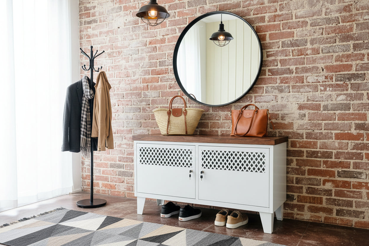 White metal TV cabinet with dark herringbone top as entryway cabinet for shoe and bag storage