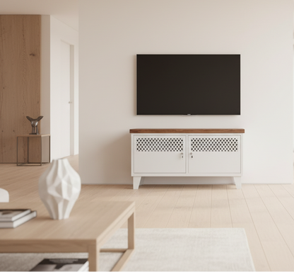 White metal TV cabinet with dark herringbone top with TV wall mounted above it.