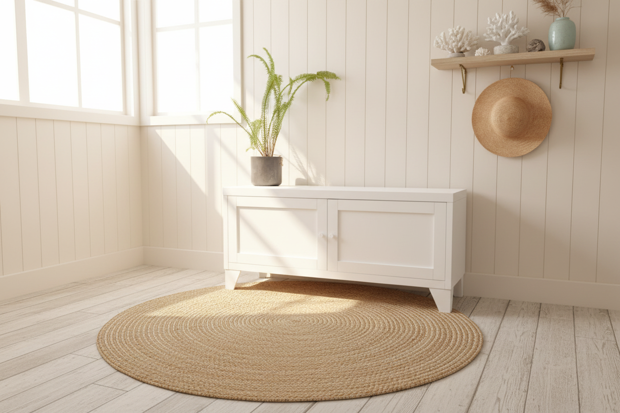 White metal bench in entranceway to store shoes