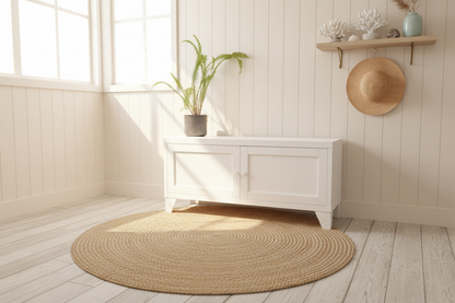 White metal bench in entranceway to store shoes