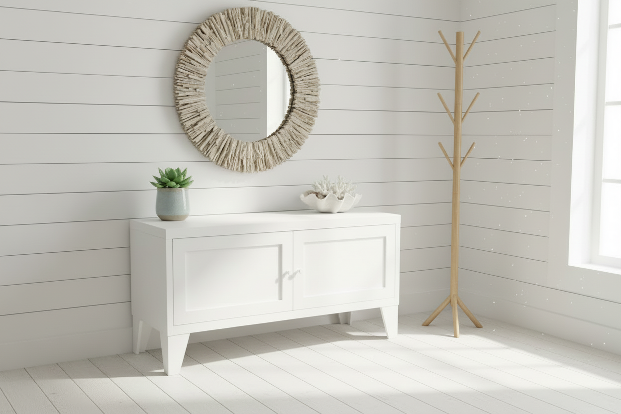 White metal bench in entranceway to store shoes