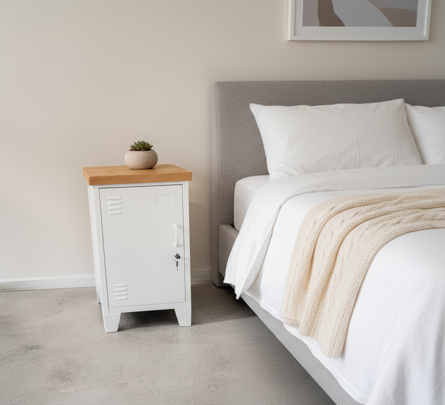 A White metal beside cabinets with recycled Rimu top in a bedroom