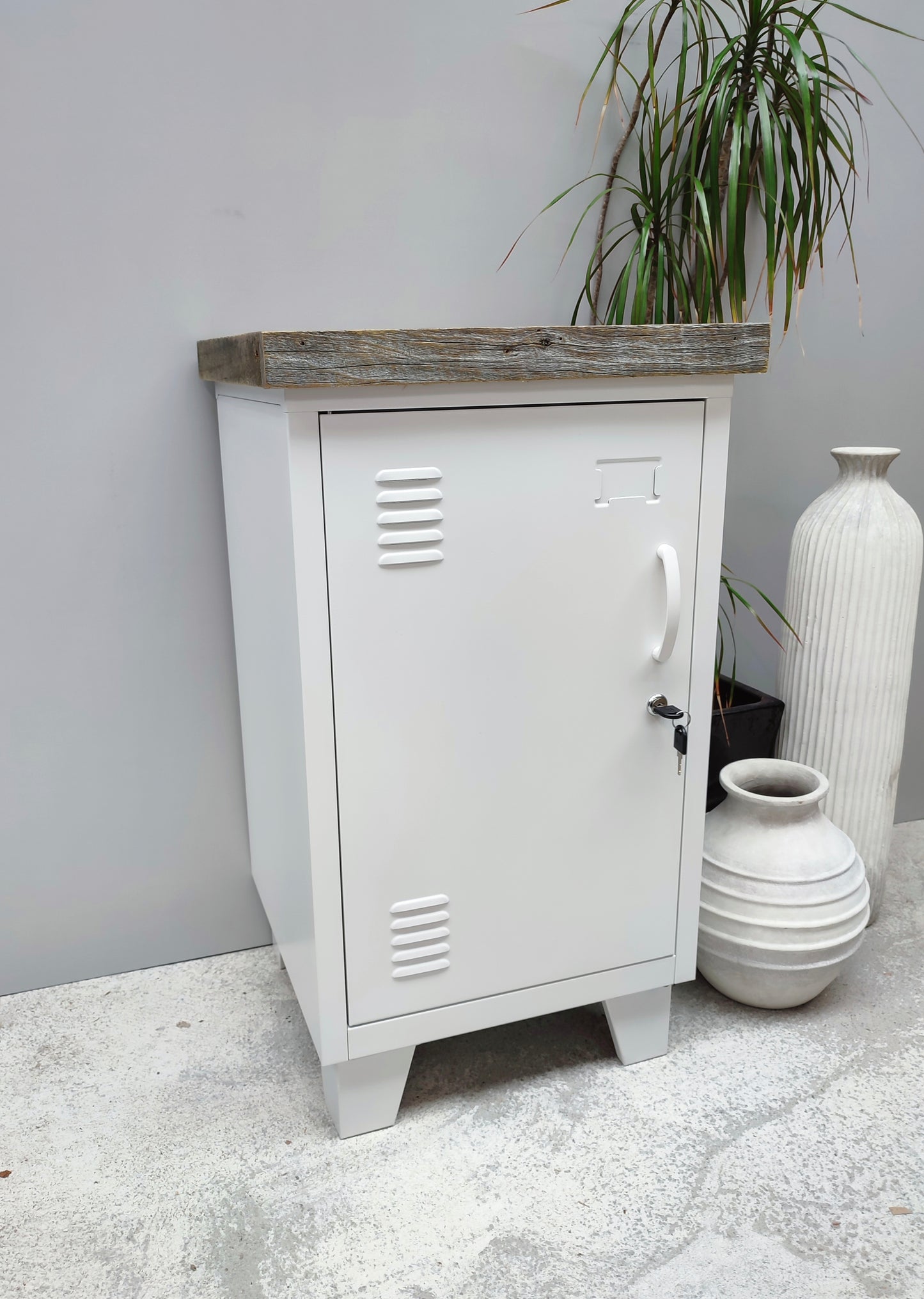 A White metal beside cabinet with rustic pallet top, left opening door
