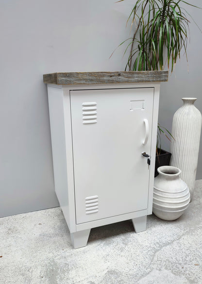  A White metal beside cabinet with rustic pallet top, left opening door