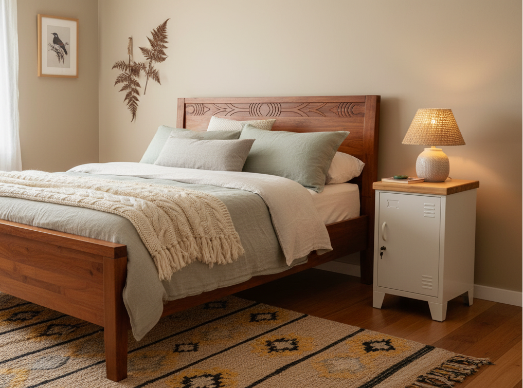 A White metal beside cabinet with recycled Rimu top and right opening door beside a Rimu bed