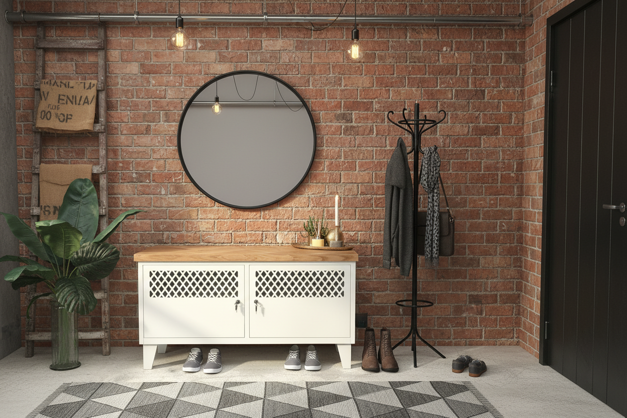 White metal cabinet with herringbone Oak top in entryway