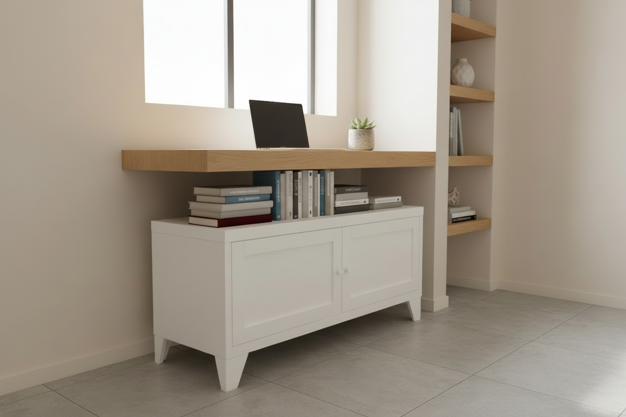 White metal cabinet used as under bench storage in modern office
