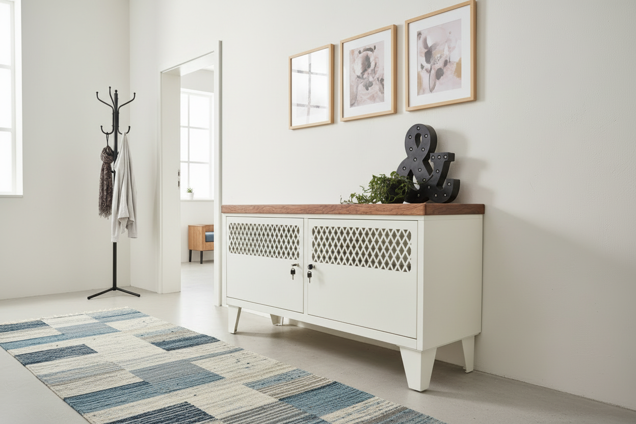 White metal cabinet with Dark Oak Top for shoe storage and seat in entryway , mudroom