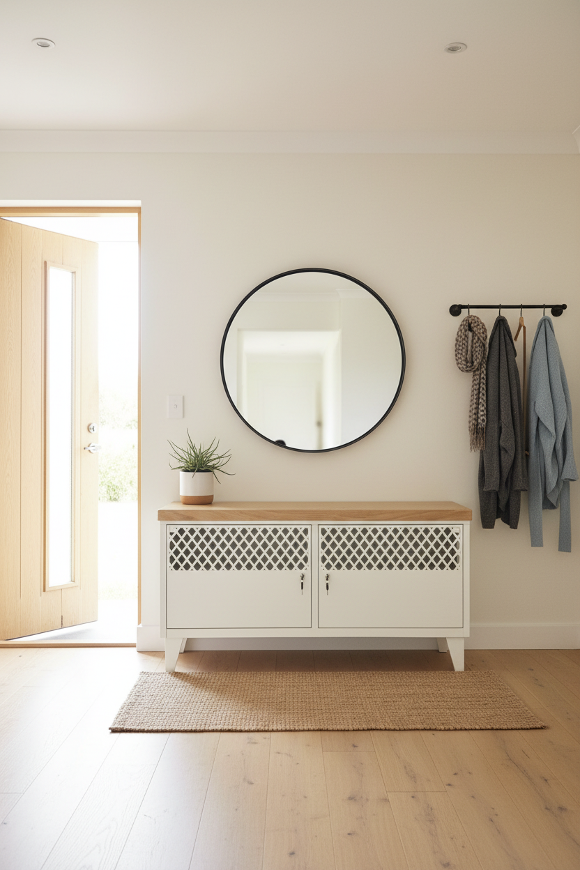 White metal cabinet with Oak Top for shoe storage and seat in entryway , mudroom