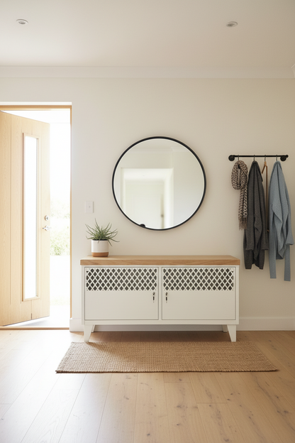 White metal cabinet with Oak Top for shoe storage and seat in entryway , mudroom