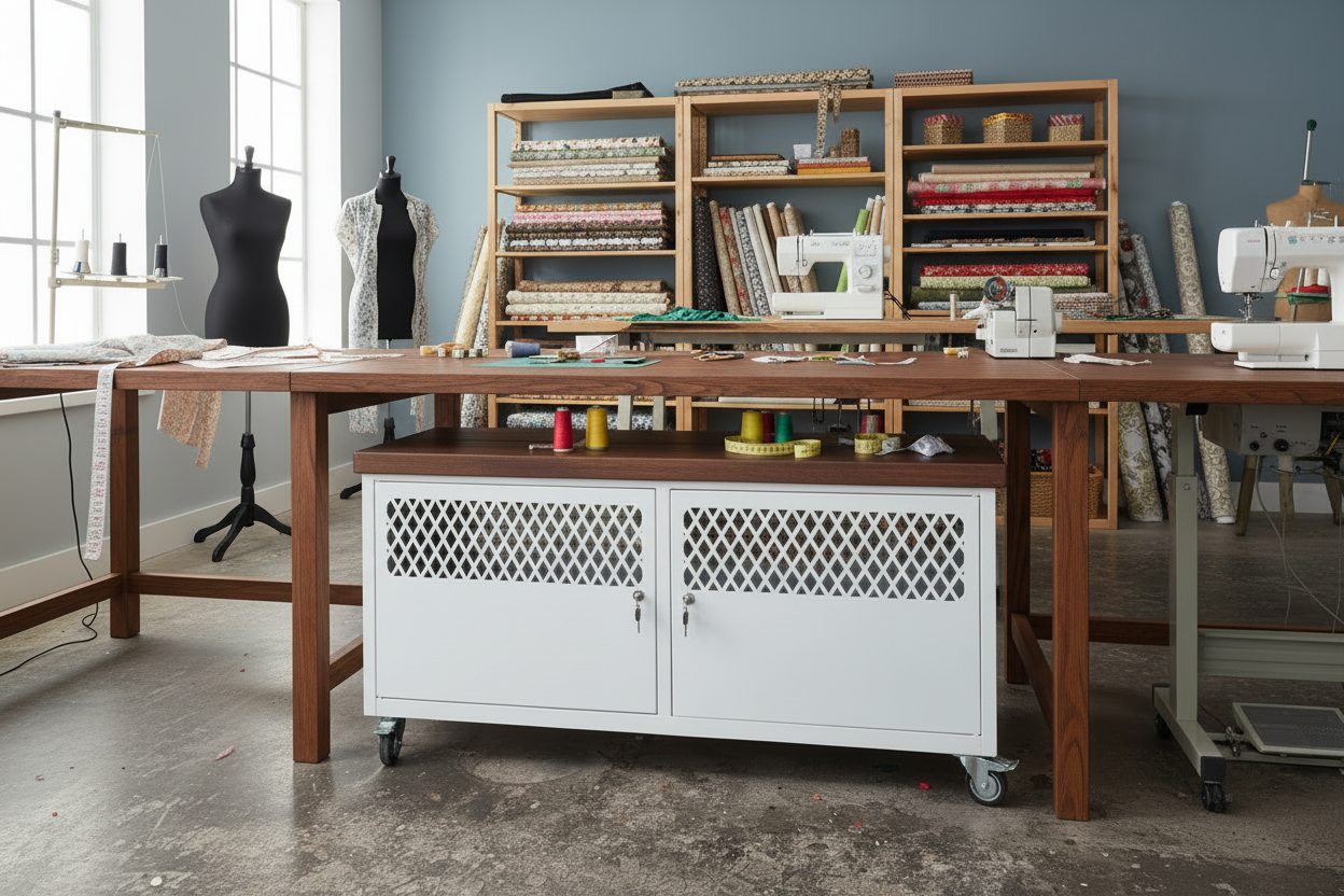 White Metal Cabinet on caster wheels with  Dark Oak top being used as under bench storage