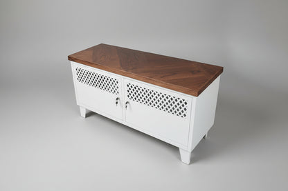 White metal cabinet with dark herringbone Oak top. Durable powder-coated steel, Lockable storage  Herringbone Oak top