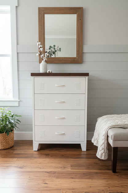 White metal cabinet with four drawers with a dark Oak top and mirror above