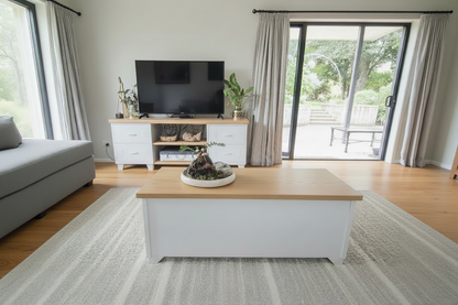 White metal coffee table with Oak top in Livingroom