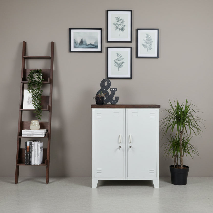 White metal compact sideboard-style cabinet with 2 doors and a Dark Rimu top