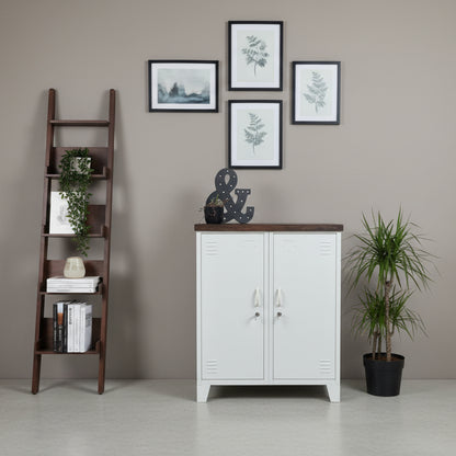 White metal compact sideboard-style cabinet with 2 doors and a Dark Rimu top