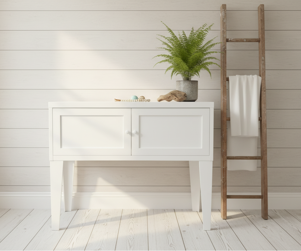 White metal console table against a  wall with decorative elements.