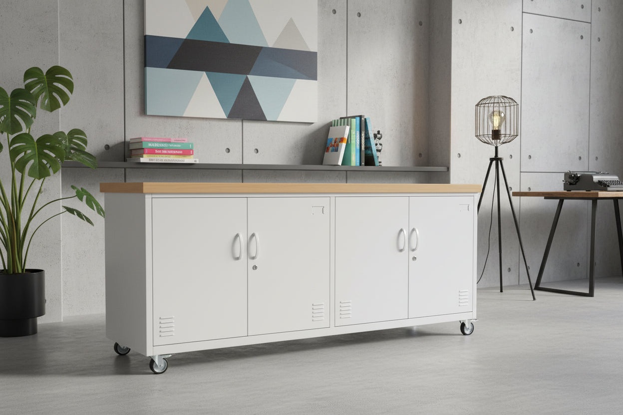 White Versatile Metal Locker Oak top