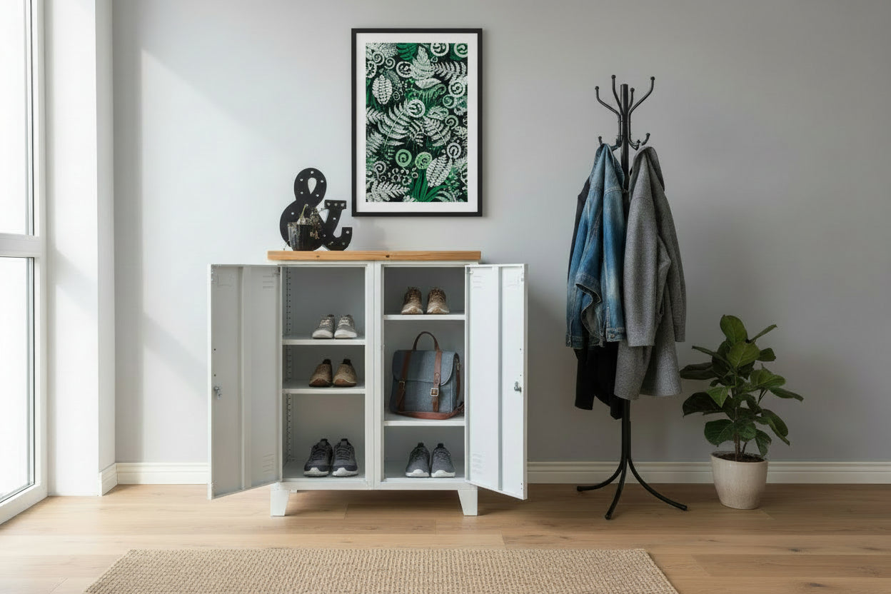 White metal double side cabinet with Recycled Rimu top, metal handles, and two adjustable shelves in each side