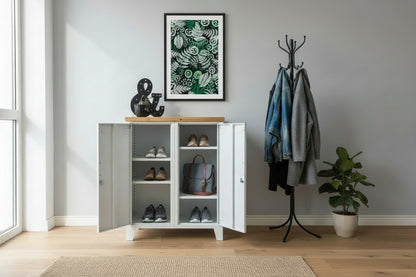 White metal double side cabinet with Recycled Rimu top, metal handles, and two adjustable shelves in each side