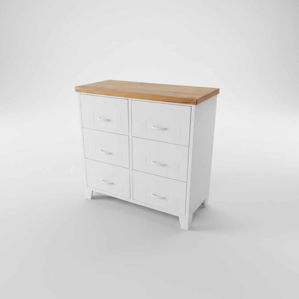 White metal drawers cabinet with 6 drawer and a recycled Rimu top