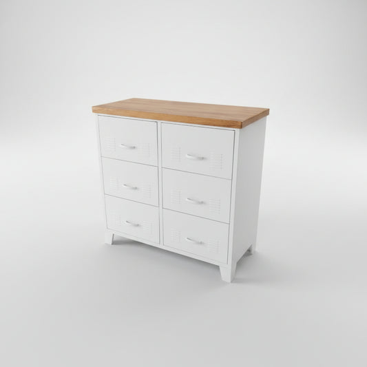 White metal drawers cabinet with 6 drawer and a recycled Rimu top