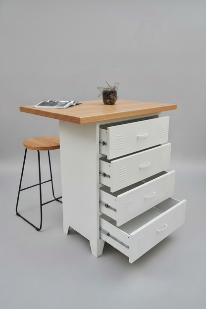 White metal drawers with Rimu island wooden top with stools. Drawers open to show durable runners