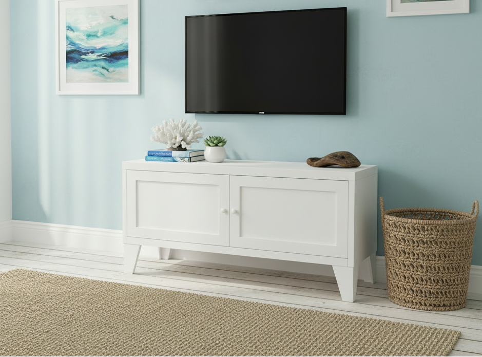 White metal entertainment console with a TV and plant in a living room setting