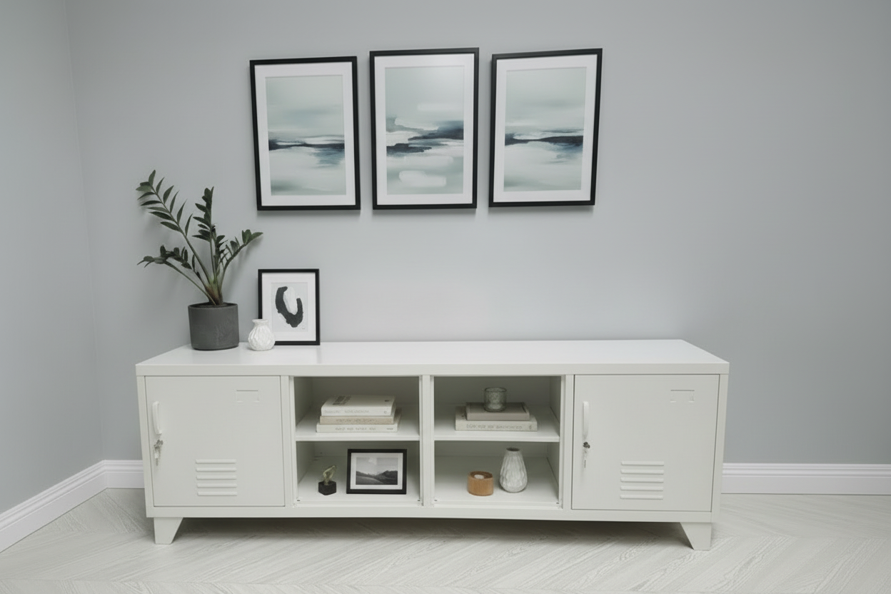 White metal entertainment console with decorative items on the open display shelves against a gray wall with framed pictures.