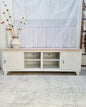 White metal entertainment console with white washed Oak top and open display shelves