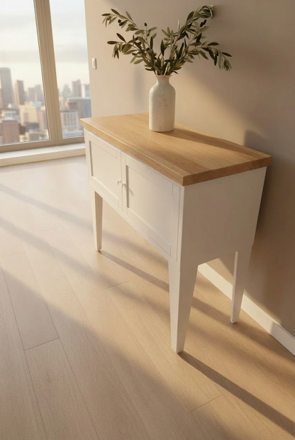 White metal hall cabinet with storage oak top in a hallway of modern house.