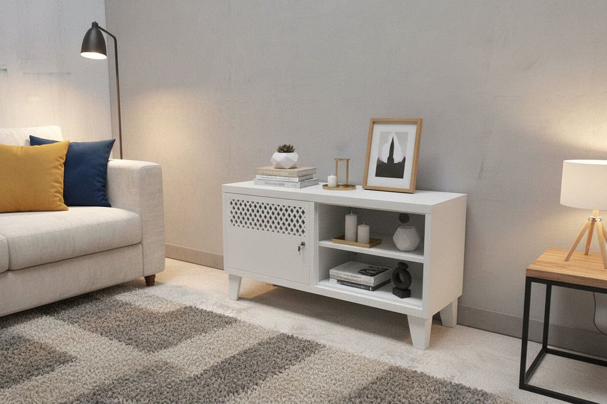 White metal industrial TV cabinet with one side open for display items